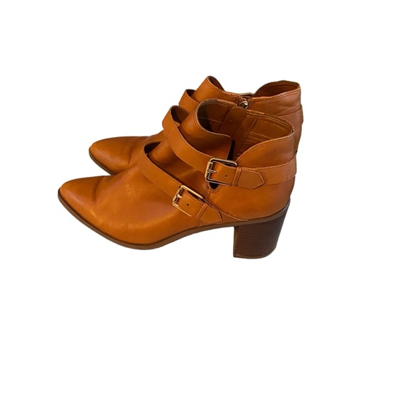 FRANCO SARTO CAMEL LEATHER ANKLE BOOTS WITH STRAPS WOMENS SIZE 10 STACKED HEEL - Picture 5 of 15